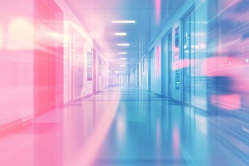 Modern hallway, vibrant lighting, blurred motion, medical setting, website banner