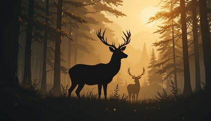 Majestic Silhouette of Two Deer in a Misty Golden Sunset Forest