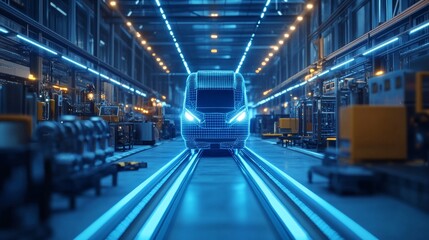 Futuristic industrial scene featuring blue hologram of electric train and high tech equipment