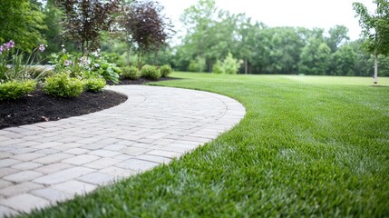 Backyard stone walkway curves through landscaped garden. Possible use Home and garden design magazine