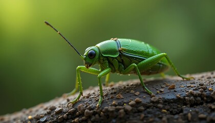 Close-up Detailed Macro Photograph of a Vibrant Green Insect on Dark Soil