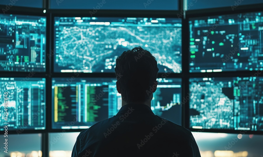Poster data analysis and monitoring in high-tech control room with multiple screens