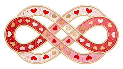 This image features an infinity symbol decorated with hearts in shades of red, pink, gold, and white. 