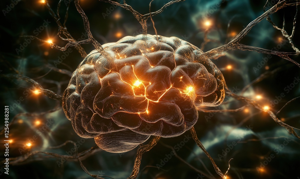 Poster neural network visualization of human brain with glowing synapses and connections