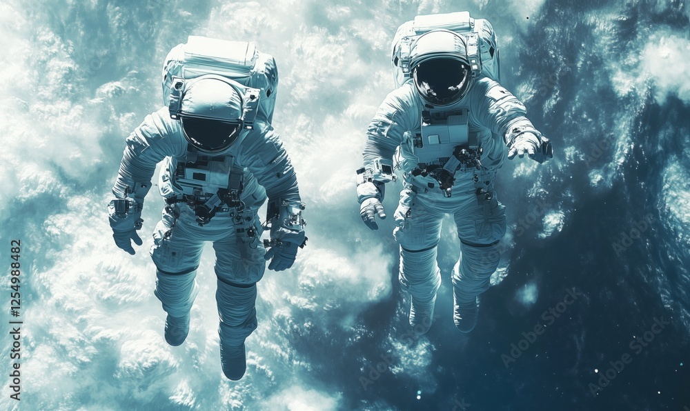 Poster astronauts floating in space, exploring the cosmos, surrounded by clouds and stars