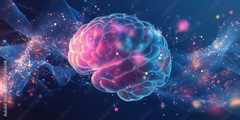 Poster digital brain visualization with colorful neural connections and abstract background