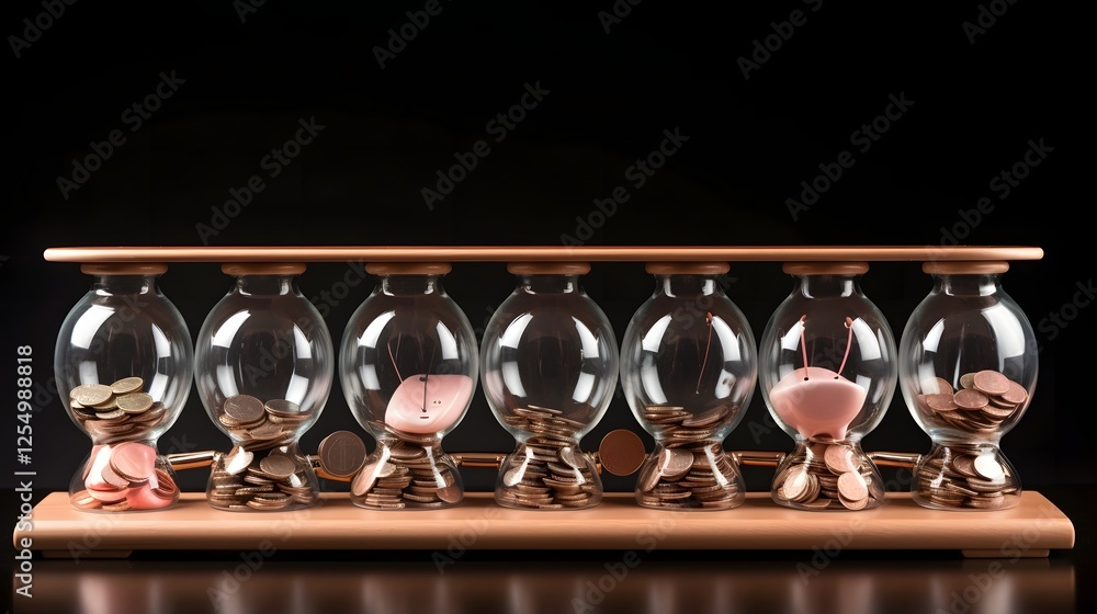 Poster this image depicts a time lapse progression of a piggy bank gradually filling up with coins symboliz