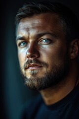 Focused gaze of a man with striking blue eyes and a rugged beard in soft natural light