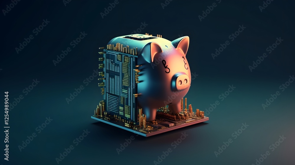Aufkleber a 3d rendered digital piggy bank featuring advanced money saving algorithms and futuristic financial