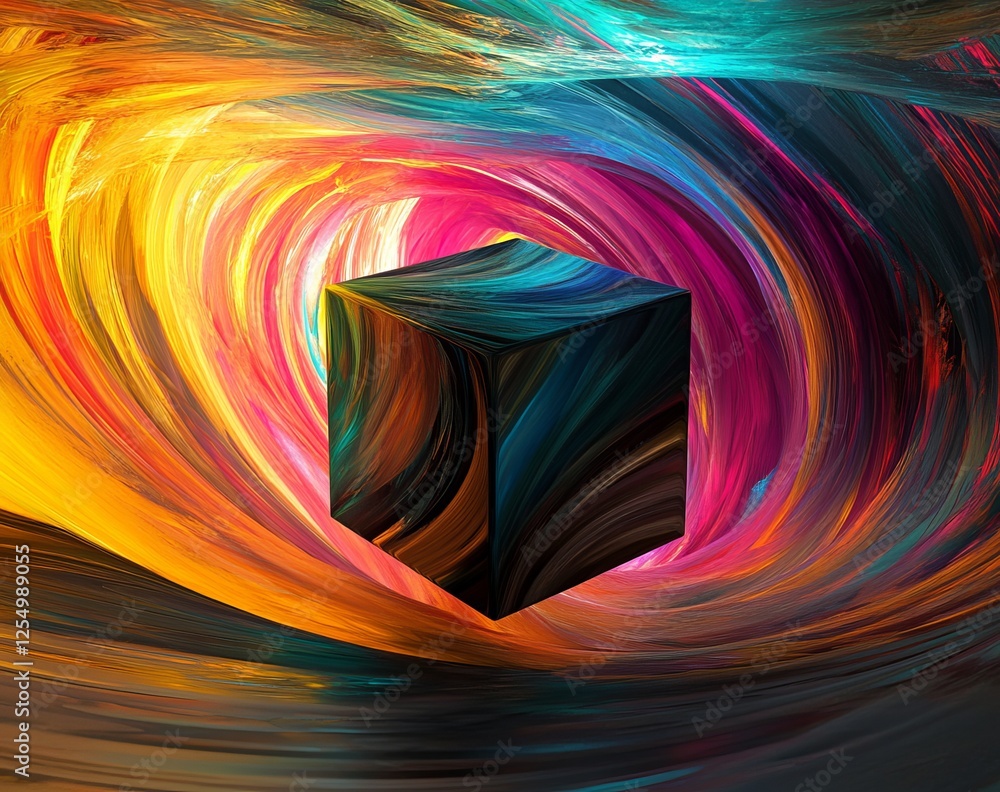 Aufkleber abstract cube swirling vortex; vibrant background; digital art