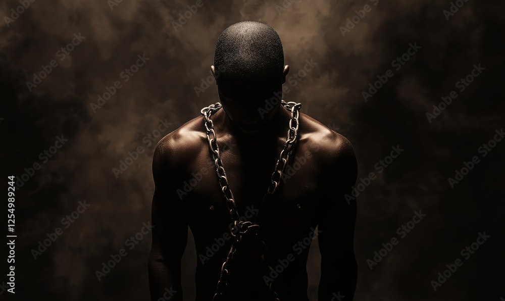 Poster powerful representation of strength and vulnerability in chained figure against dramatic backdrop