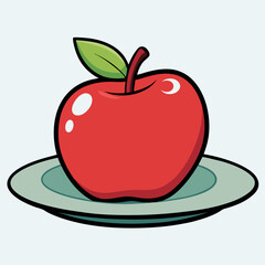 A red apple with a green leaf lies on a plate