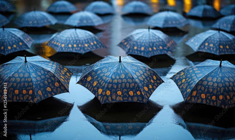 Poster colorful umbrellas with intricate patterns reflecting in rain puddles