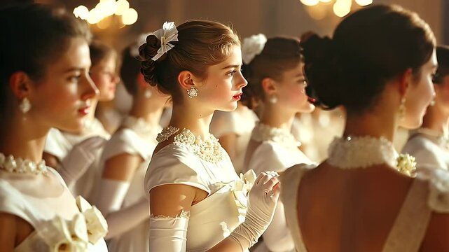 Debutante Ball with Young Women in Elegant White Gowns and Gloves