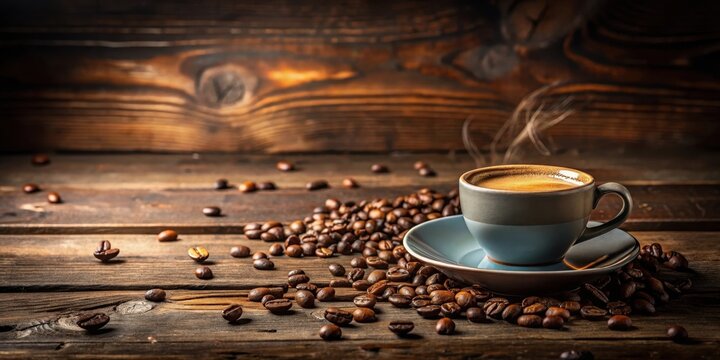 Aromatic Espresso in a Rustic Setting A steaming cup of espresso sits on a saucer nestled amongst roasted coffee beans, creating a visually captivating scene on a dark wooden surface.