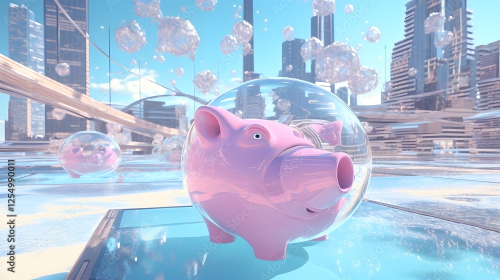 Poster futuristic floating piggy bank in a digital financial metaverse of a modern virtual money saving con