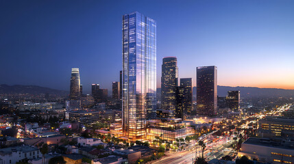 Fototapeta premium Modern Office Skyscraper with Sleek Design at Sunset in Urban Setting