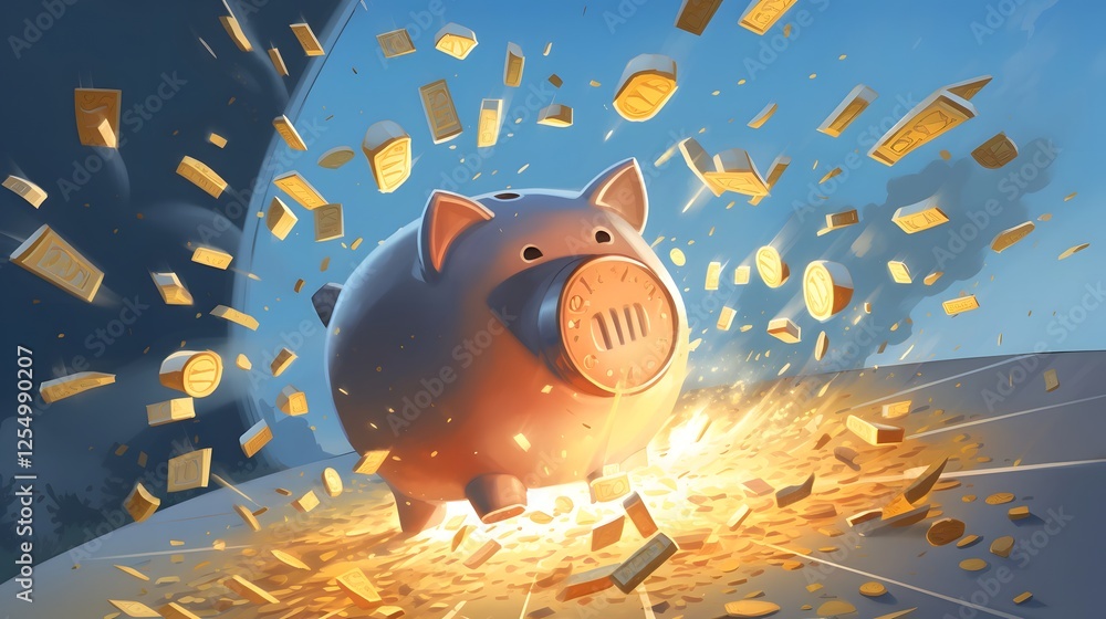 Aufkleber colorful and whimsical cartoon style depicting an exploding piggy bank bursting open with a shower o