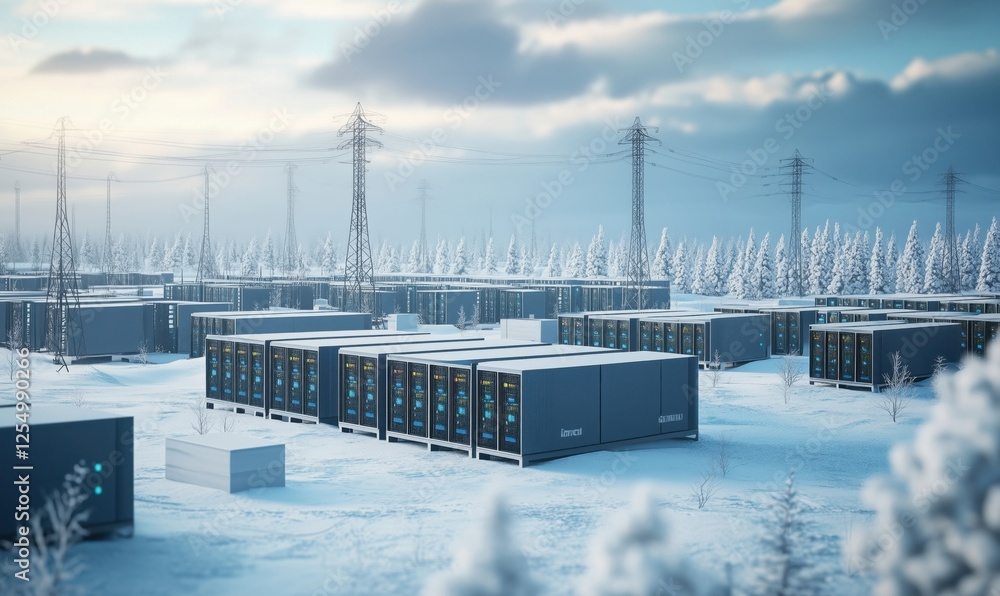 Poster data center in snowy landscape with power lines and storage containers