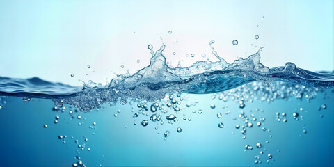 Close up of turbulent water with bubbles and surface tension under a clear blue background