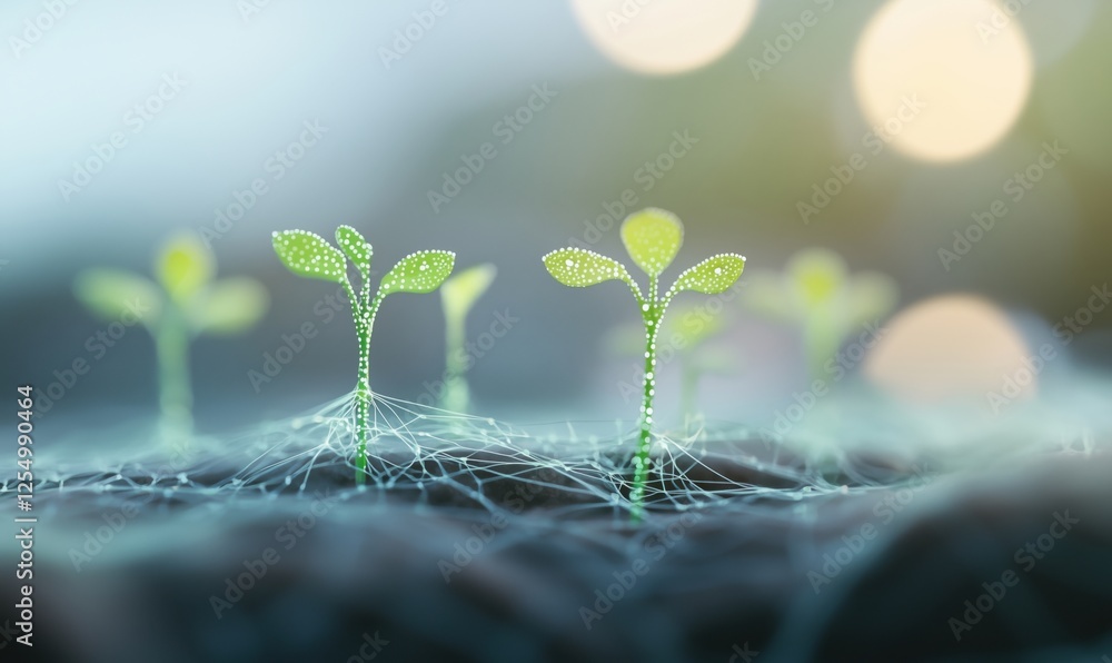 Poster sprouting seedlings with glowing leaves and intricate root systems in soft focus background