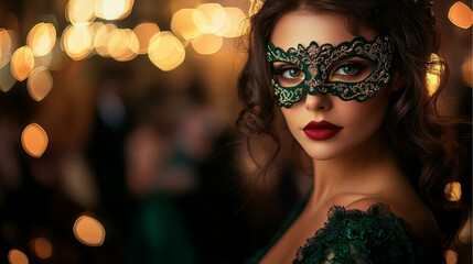 beautiful 40 year old brunette woman at a masquerade ball, green dress and black lace mask, glamour and sophistication, blurred dancing in the background