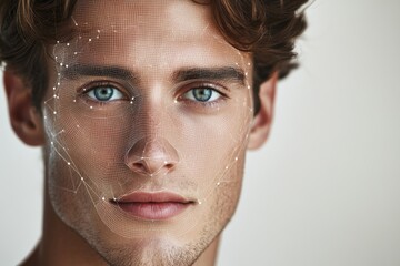 Close up portrait of a young man merging human beauty with futuristic biometric technology