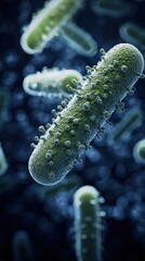 Fototapeta premium Close-up of vibrant green bacteria under microscope in dark background