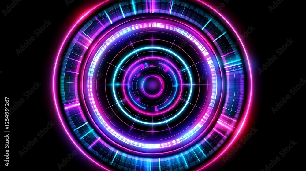 Poster futuristic circular data visualization concept with vibrant neon color palette and intricate design