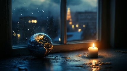 A glowing Earth globe on the windowsill of an apartment, next to it is a burning candle and raindrops falling outside the window can be seen. The background shows dark clouds and city lights.