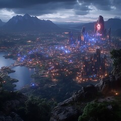 Futuristic Cityscape at Dusk with Towering Structures and Mountainous Backdrop in Wakanda Inspired Setting