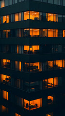 Night Office Building, Illuminated Windows, Abstract Architecture Photography