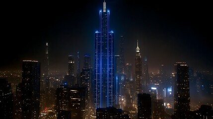 Obraz premium Futuristic Cityscape Night View with Illuminated Tower and Skyscrapers in Metropolitan Area