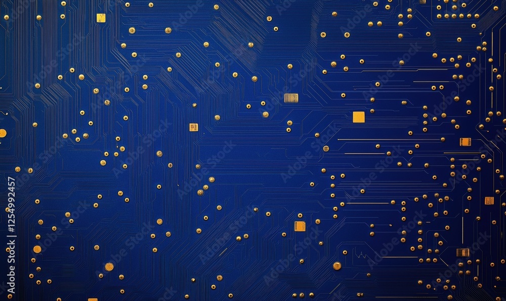 Poster circuit board design with gold components and blue background showcasing intricate patterns and conn