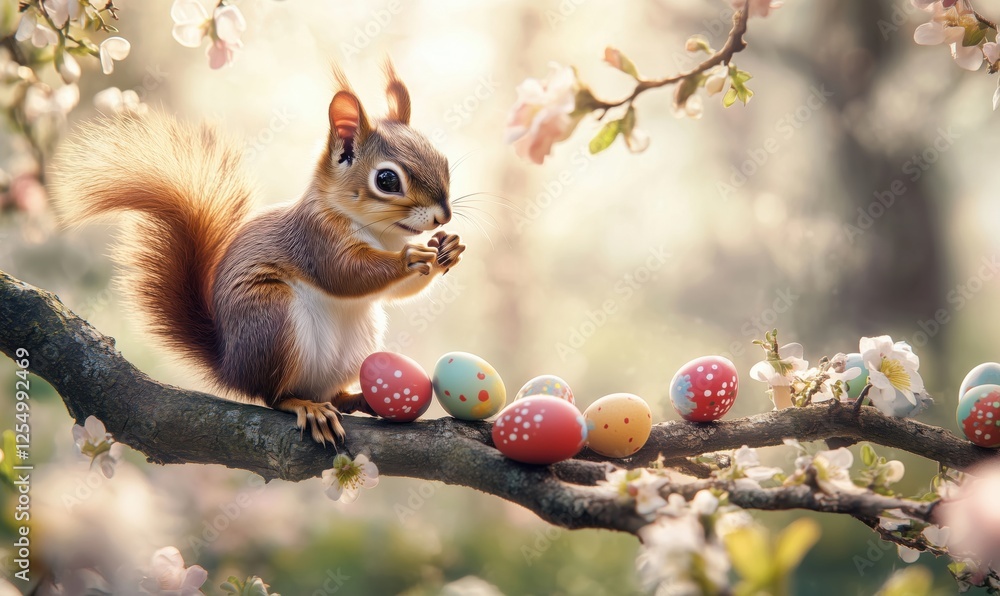 Poster squirrel with colorful easter eggs on blossoming branch in springtime setting