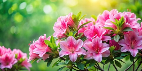 Fototapeta premium A vibrant cluster of delicate pink azalea blossoms, bathed in sunlight, showcases the beauty of springtime flora with lush green foliage