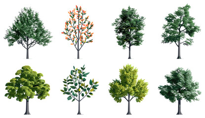Obraz premium Vector illustration, trees set, decorate shapes, nature elements, forest design, abstract tree collection, foliage icons, green eco symbols, landscape elements, environment graphics,