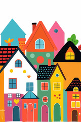 Colorful Small Houses Models Row for travel educational materials, real estate, and neighborhood community designs.
