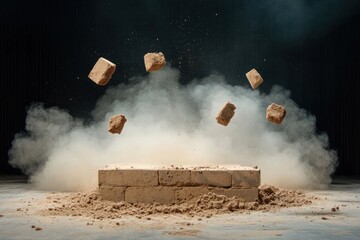 Dust and debris rise as bricks hover above a platform in a dramatic display of movement and energy