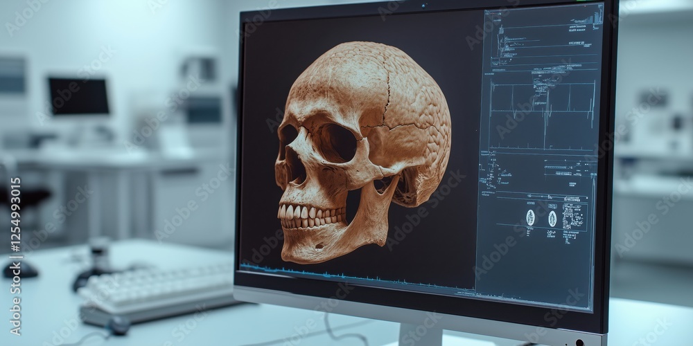 Poster 3d skull model visualization on computer screen with medical imaging data