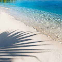 Palm leaf shadows on an abstract white sand beach background, with sunlight reflecting on the water's surface. A beautiful and serene abstract backdrop, perfect as a summer vacation banner for a beach