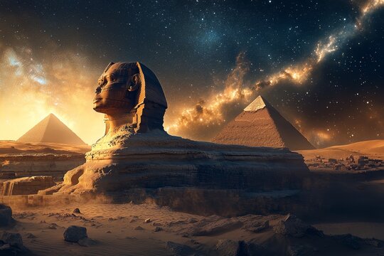 Majestic nighttime view of the great sphinx of giza under a starry sky with the milky way - Powered by Adobe