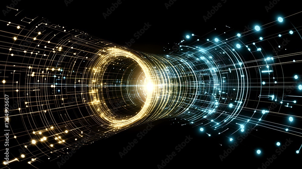 Poster futuristic data tunnel with high speed connectivity and light effects on a black background