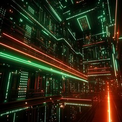Fototapeta premium Futuristic Digital Cityscape with Glowing Green and Orange Lines and Architectural Elements