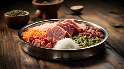 A homemade pet food dish with fresh meat rice and vegetables carefully arranged on a rustic ceramic plate providing a nutritious and wholesome meal for a beloved furry companion