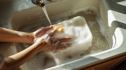 Hands washing a plastic container in soapy water in a kitchen sink