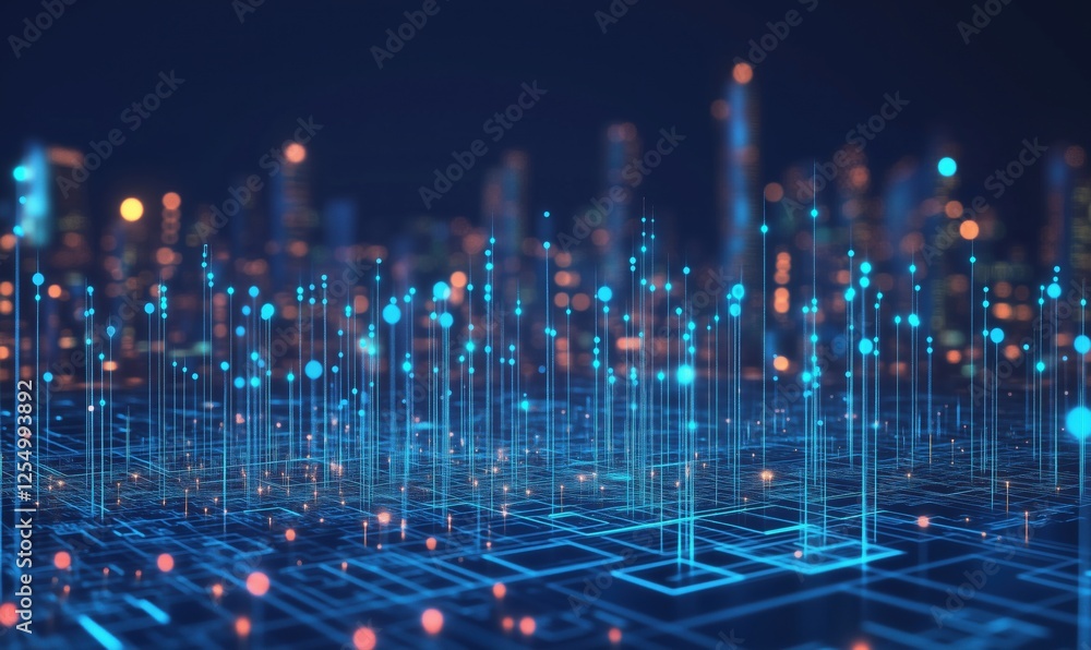 Poster digital cityscape with glowing data streams and abstract technology background