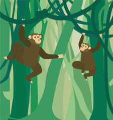 monkey chimpanzee character animal hanging on liana in natural habitat in jungle flat vector illustration wildlife