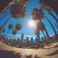 Urban Oasis: Palm Trees Frame City Skyline Illustration