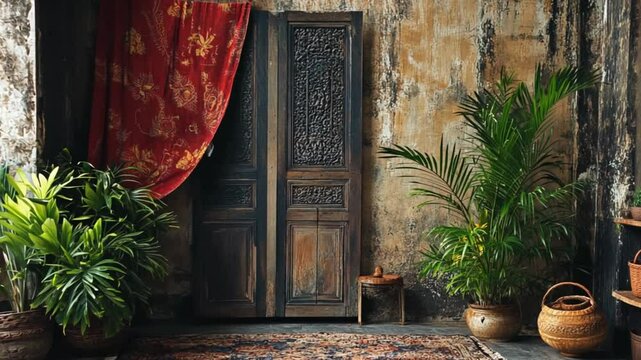 Serene Interior: Antique Doors, Lush Greenery, and Rustic Charm